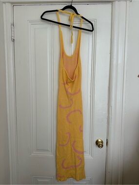 Yellow and Pink Patterned Knit Halter Maxi Dress